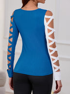 Women's Asymmetrical Two-Tone Long Sleeve Round Neck Shirt - Color Block Knit Top for Spring Summer Fall Casual Office Daily Wear