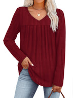 Women's V-Neck Long Sleeve Pullover Top – Lightweight Casual Front Pleat Blouse for Women, Elegant Loose Fit Dressy Shirt, Multiple Colors, Sizes S-XXL