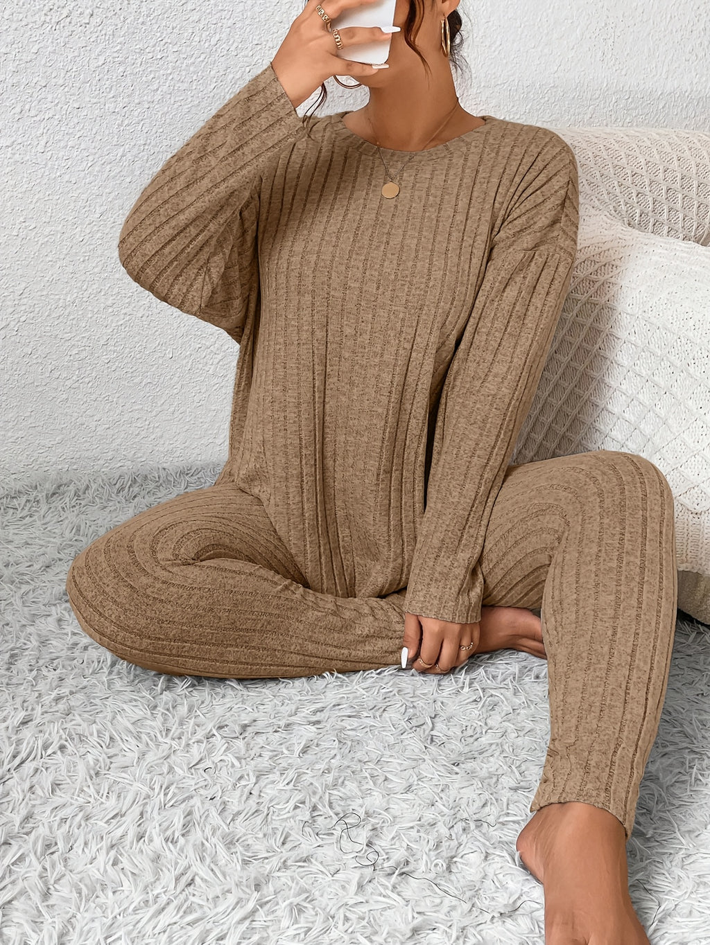 Women's Ribbed Two-Piece Set – Casual Soft 100% Polyester Crew Neck Long Sleeve Top & Pants Micro-Stretch Commuter Fashion Spring Fall Outfit
