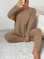 Women's Ribbed Two-Piece Set – Casual Soft 100% Polyester Crew Neck Long Sleeve Top & Pants Micro-Stretch Commuter Fashion Spring Fall Outfit