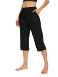 Women's High-Waisted Pull-On Cropped Pants – Stretchy Elastic Waist Lightweight Capri Pants with Pockets for Summer & Casual Wear