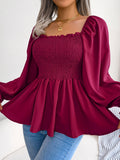 Women's Square Neck Chiffon Blouse Flutter Sleeve Ruffle Hem Top | Casual Long Flared Sleeve Solid Color Woven Polyester Shirt S M L XL
