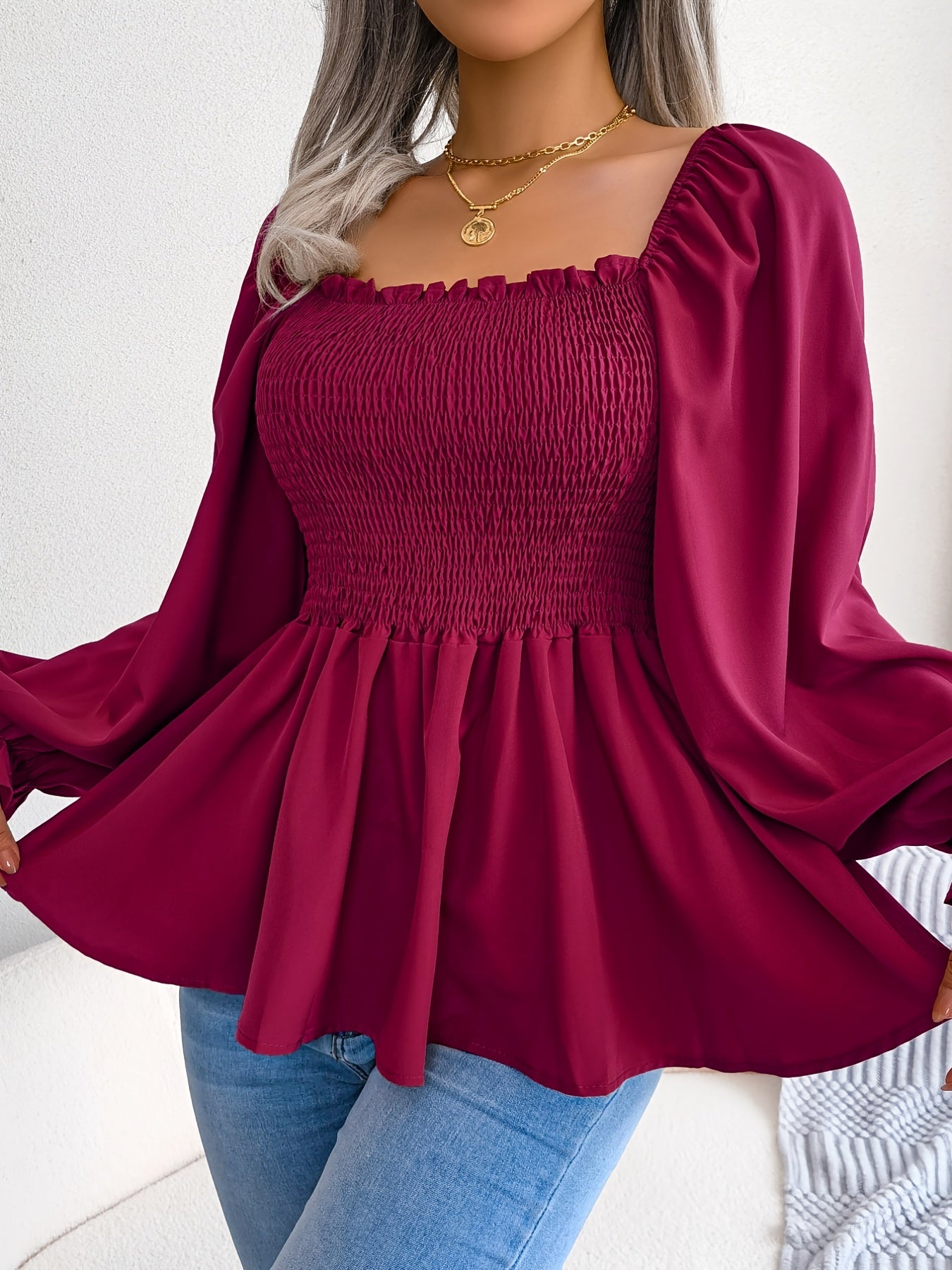 Women's Square Neck Chiffon Blouse Flutter Sleeve Ruffle Hem Top | Casual Long Flared Sleeve Solid Color Woven Polyester Shirt S M L XL