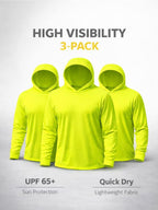 Men's UPF 50+ Sun Protection Hoodie Shirt 3-Pack Long Sleeve Moisture-Wicking Quick-Dry Breathable Outdoor Performance T-Shirt for Hiking Fishing Running – Sizes S to XXXL, Fluorescent Yellow
