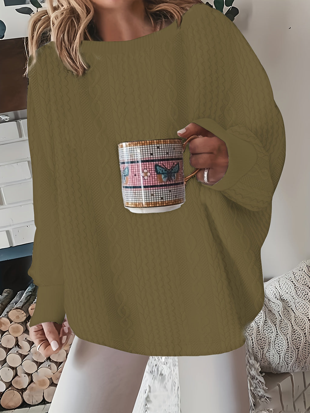 Women's Oversized Cable Knit Pullover Sweater Round Neck Long Sleeve Loose Cozy Chunky Knit Top for Fall Winter Casual White Grey Black