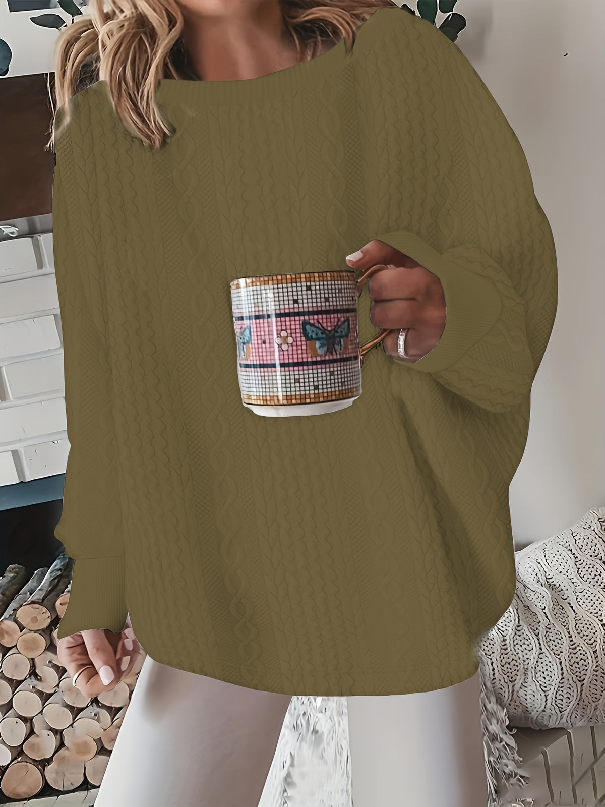 Women's Oversized Cable Knit Pullover Sweater Round Neck Long Sleeve Loose Cozy Chunky Knit Top for Fall Winter Casual White Grey Black