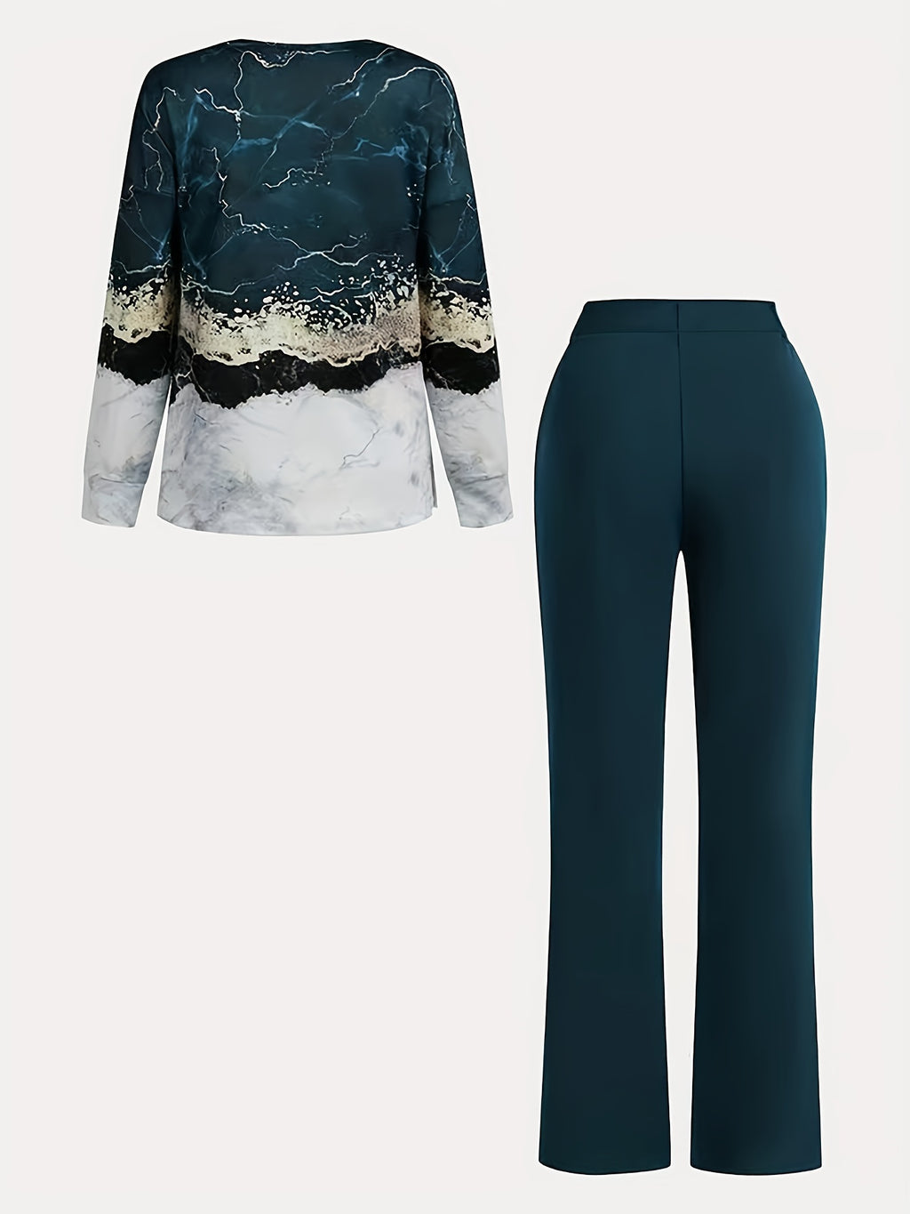 Women's All-Over Print Two-Piece Set | V-Neck Long Sleeve Top & Wide Leg Pants Matching Outfit Stretchy Knit Casual Loungewear Co-ord