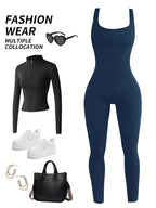 Women's Sleeveless Square Collar Jumpsuit – 90% Nylon Stretch Fabric, Thick & Opaque Active Wear for Yoga, Pilates, Running, Fitness & Everyday Events, Sizes S-XL, Multiple Colors