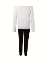 Women's Casual Letter Print Long Sleeve T-Shirt Wide Leg Pants 2 Piece Set Matching Lounge Outfit White Pink Black S-XXL