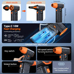 130000 RPM Turbo Fan Blower with USB-C Fast Charging, Smart Display & LED Light – 100 Wind Speed Settings for Car Cleaning, Dust Removal, Leaf Blowing, BBQ & Cooling – Black & Orange