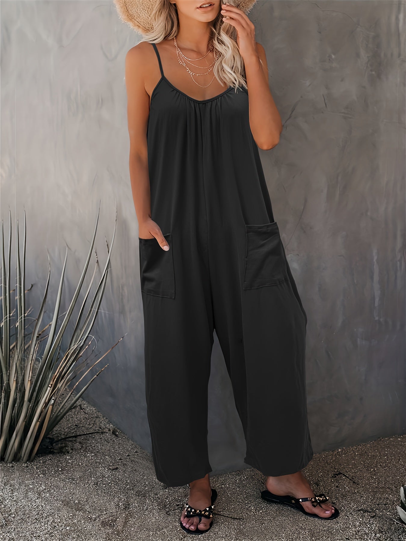 Women's Western Strappy Jumpsuit with Chest Pleats & Patch Pockets - Casual Long Pants Romper All Season Summer Vacation Fashion