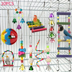 Parrot Toy Combo Set - Bird Cage Swing Perch Rod & Chewing Toys Bundle for Parrots Parakeets Cockatiels Budgies Lovebirds - Bird Cage Enrichment Accessories Assorted Colors