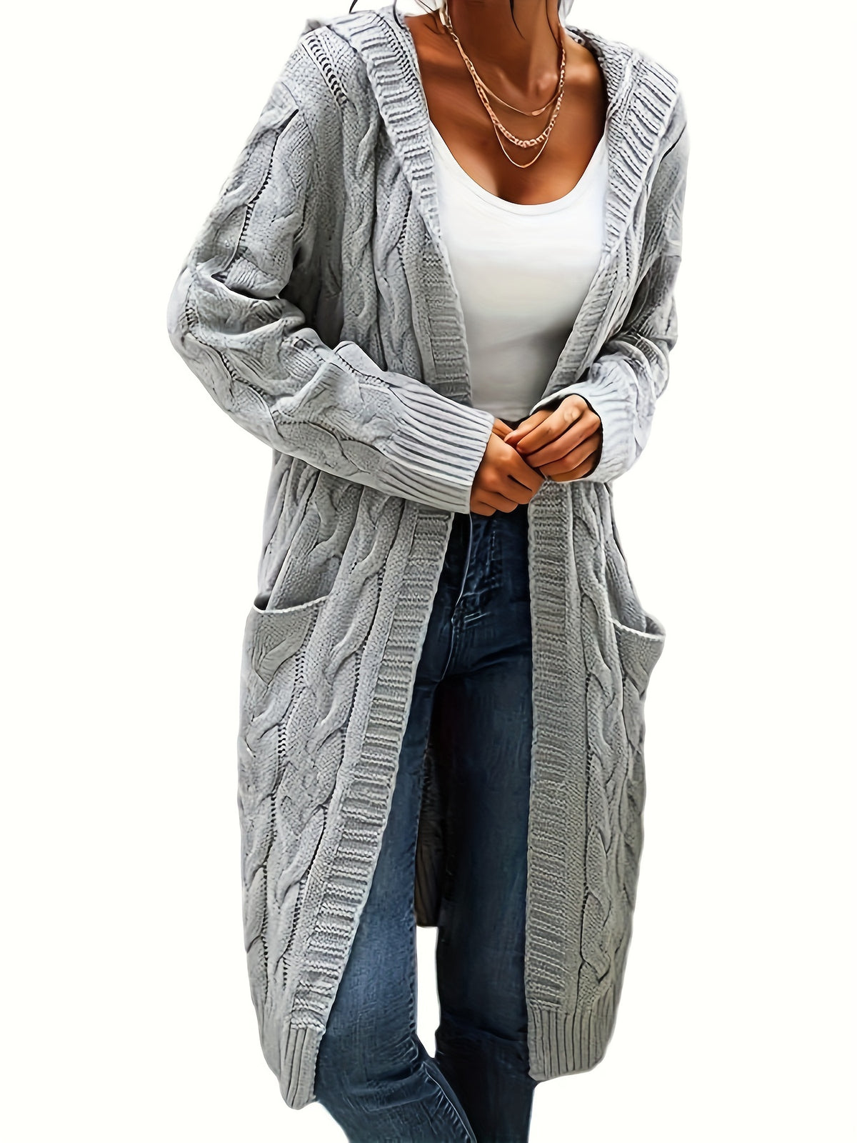 Women's Collarless Knit Cardigan – Minimalist Solid Color Polyester Casual Open Layer for Fall & Winter in 19 Colors