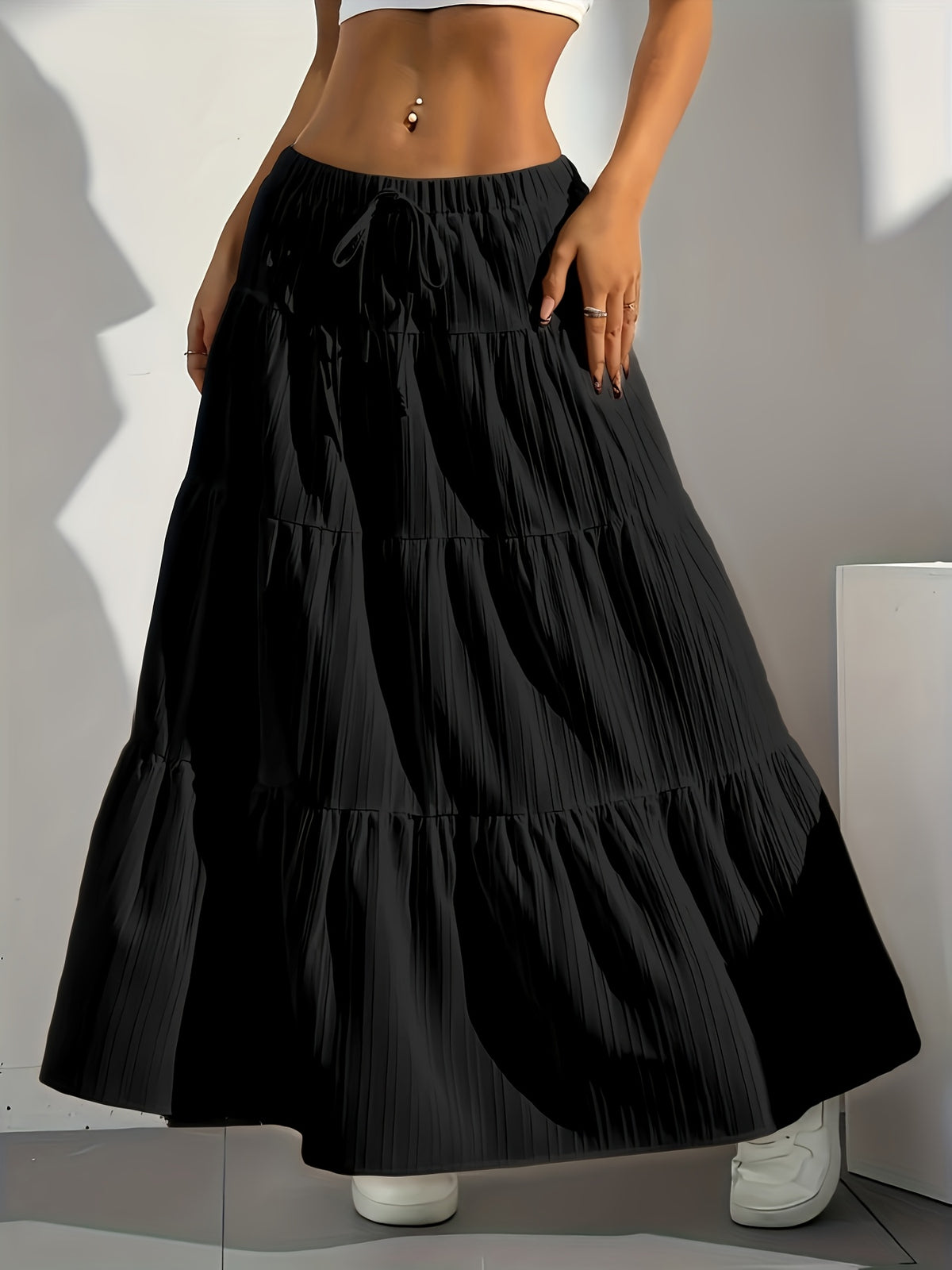Women's Solid Color Tie-Back Flared A-Line Midi Skirt – Elegant Loose Swing Skirt Western Fashion Spring Summer Fall Casual Chic Half Skirt