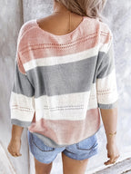 Women's V-Neck Hollow Out Off Shoulder Top Colorblock Stripe Knit Shirt - Casual Summer Blouse for Daily Wear Beach Vacation