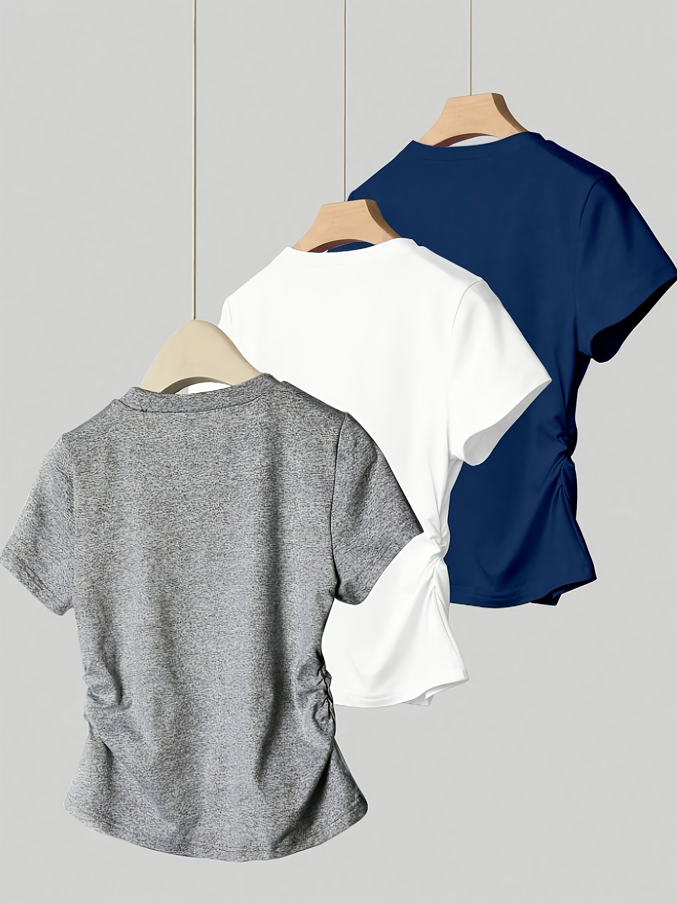 Women's 3-Piece Round Neck Side Ruched Waist Short Sleeve T-Shirt Set – Soft Polyester Spandex Stretch Knit Casual Top Set