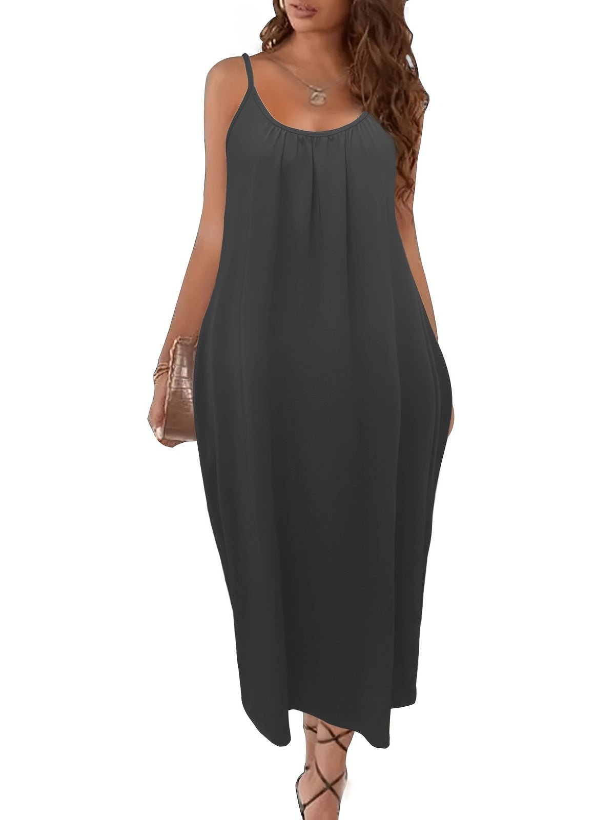 Women's Spaghetti Strap Maxi Dress with Pockets Solid Color Loose Flowy Cami Sundress Casual Summer Beach Vacation S M L XL XXL