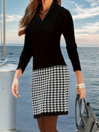 Women's V-Neck Suede Knit Dress – Color Block Micro Stretch PU Fabric Midi Dress for Fall Winter, Elegant Casual Bodycon Style, Sizes S-XXL, Black & White