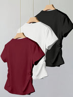 Women's 3-Piece Round Neck Side Ruched Waist Short Sleeve T-Shirt Set – Soft Polyester Spandex Stretch Knit Casual Top Set