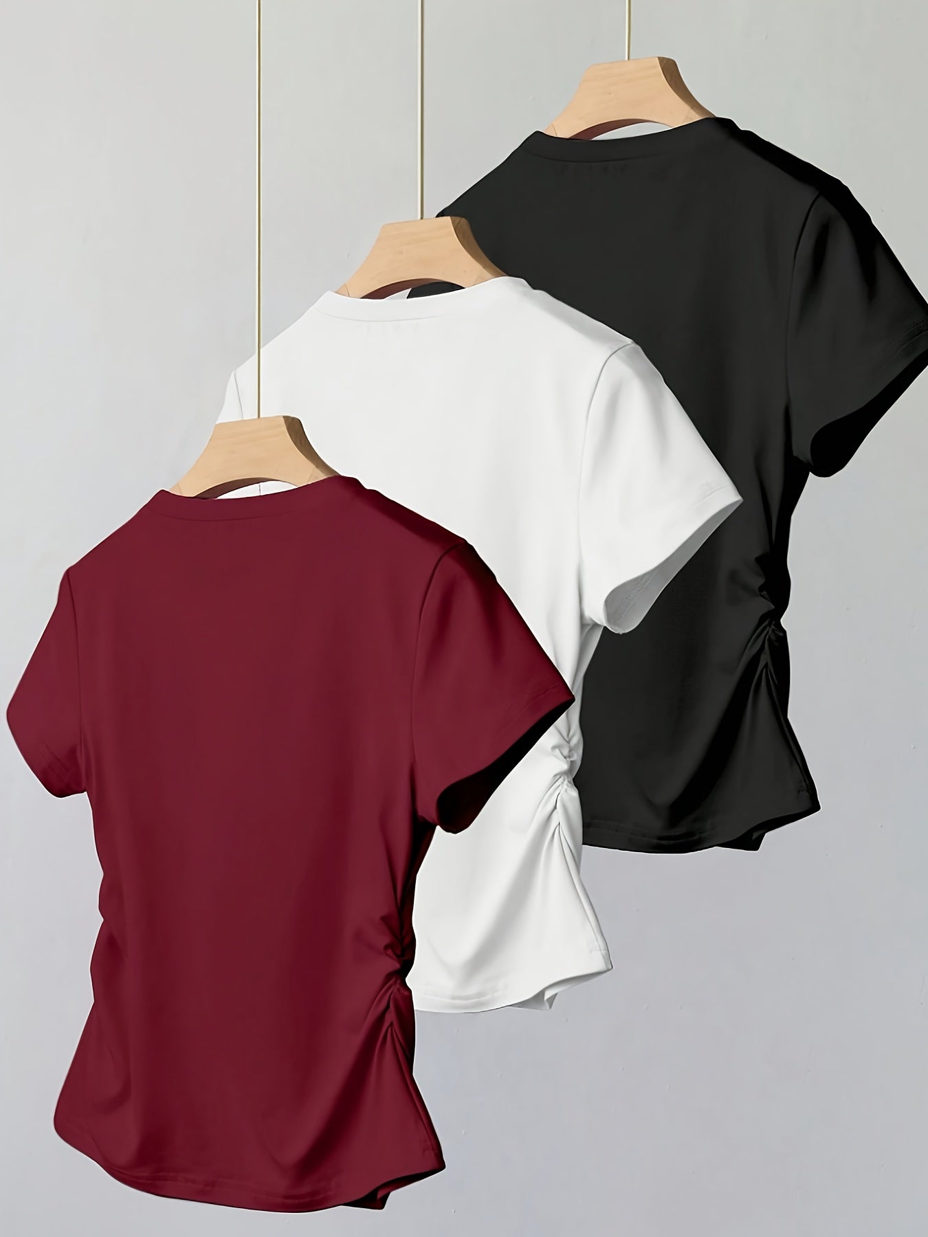 Women's 3-Piece Round Neck Side Ruched Waist Short Sleeve T-Shirt Set – Soft Polyester Spandex Stretch Knit Casual Top Set