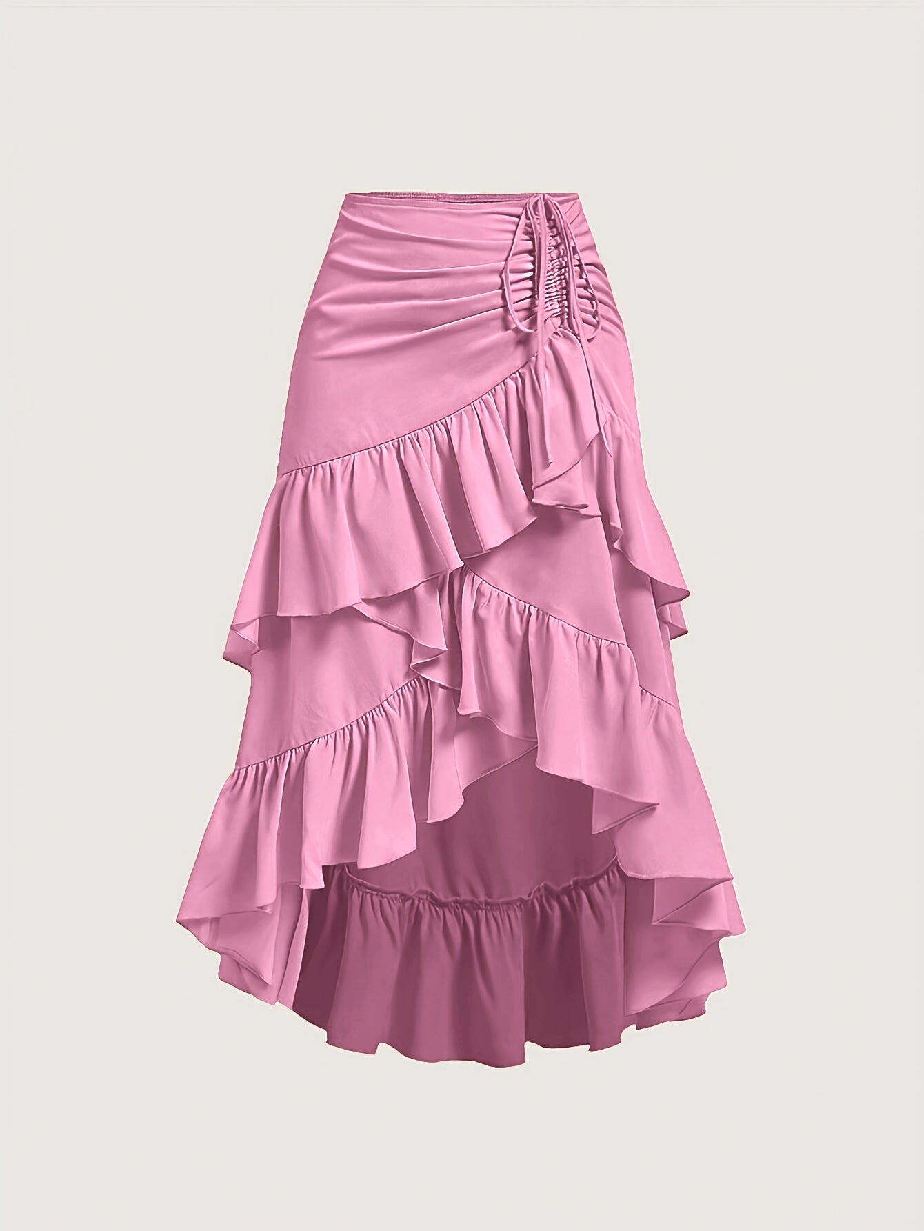 Women's Asymmetrical Pleated Hem Multi-Layer Midi Skirt – Flowy Chiffon-Style 100% Polyester Spring Fall Fashion Tiered Ruffle Swing Skirt