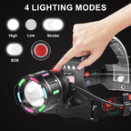 LED Headlamp Rechargeable 4 Modes Adjustable Focal Length 90° Tilt Warning Taillight Camping Hiking Adventure Emergency Repair Work Durable Headlight for Adults