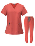 Nurse Scrubs Set – V-Neck Top & Jogger Pants Uniform for Nursing, Medical, Dental & Hospital Healthcare Workers, Solid Color Workwear with Pockets