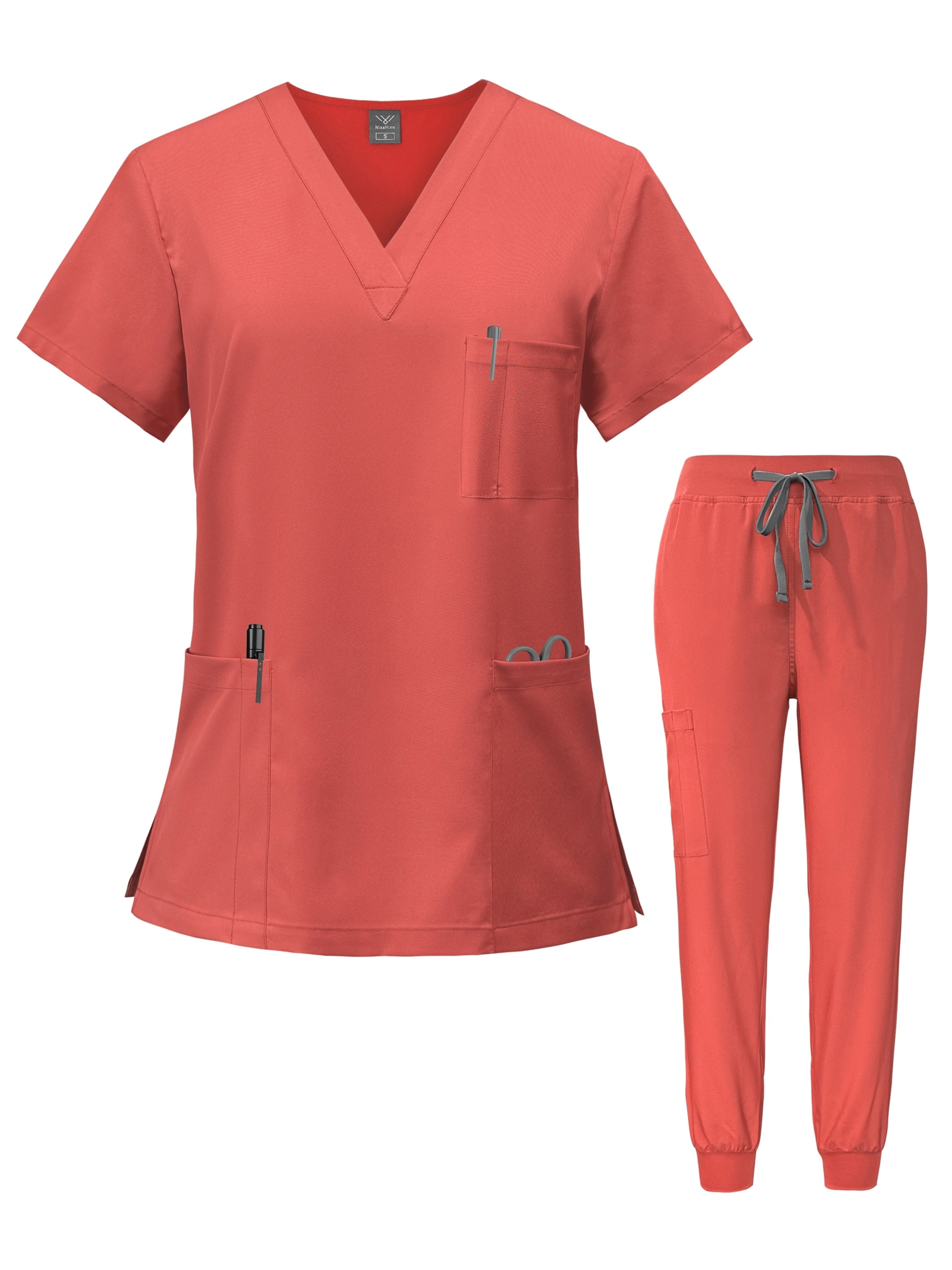Nurse Scrubs Set – V-Neck Top & Jogger Pants Uniform for Nursing, Medical, Dental & Hospital Healthcare Workers, Solid Color Workwear with Pockets