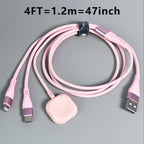 3 in 1 Charging Cable with iWatch Magnetic Charger – Nylon Braided USB-A to Lightning & Type-C Fast Charging Wire, 47 Inch, Compatible with iPhone, Apple Watch Series 1-10 & Android Phones