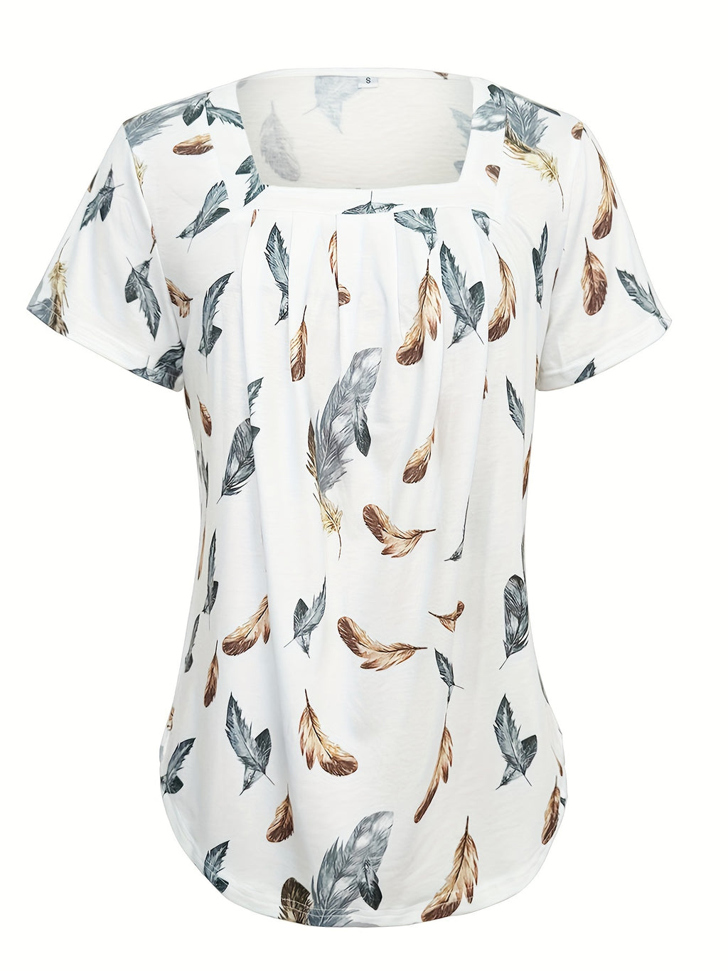 Floral Print Ruffle Hem Square Neck Short Sleeve Top Women - Flowy Pleated Blouse, Boho Summer T-Shirt, Stretch Casual Fashion Top S M L XL