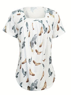 Floral Print Ruffle Hem Square Neck Short Sleeve Top Women - Flowy Pleated Blouse, Boho Summer T-Shirt, Stretch Casual Fashion Top S M L XL