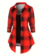 Women's Retro 2-Piece Set - High-Waist Plaid Long Sleeve Blouse & Body Strap | Vintage Button Lapel Collar Fall Spring Outfit Fashion