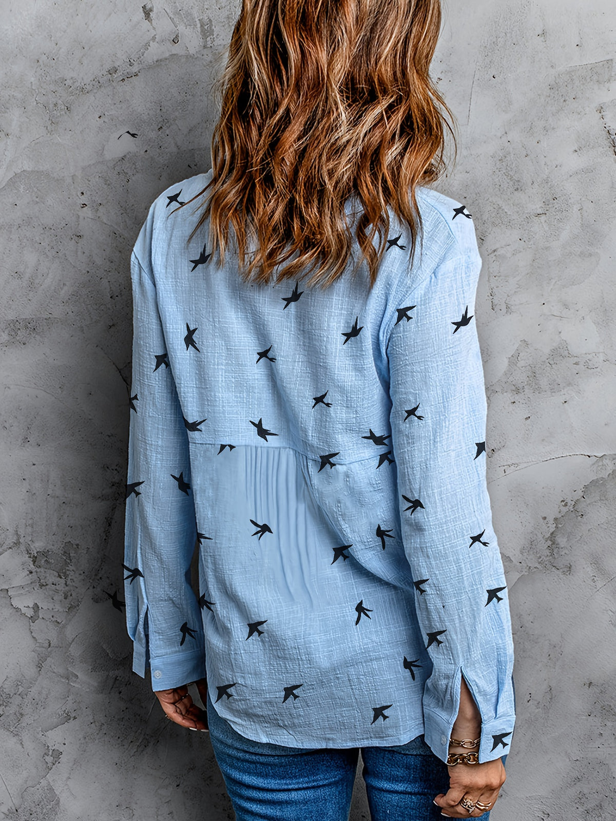 Women's Bird Print Button-Front Long Sleeve Shirt | Lapel Collar Casual Woven Polyester Top for Spring Fall Everyday Wear