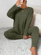 Women's Ribbed Two-Piece Set – Casual Soft 100% Polyester Crew Neck Long Sleeve Top & Pants Micro-Stretch Commuter Fashion Spring Fall Outfit