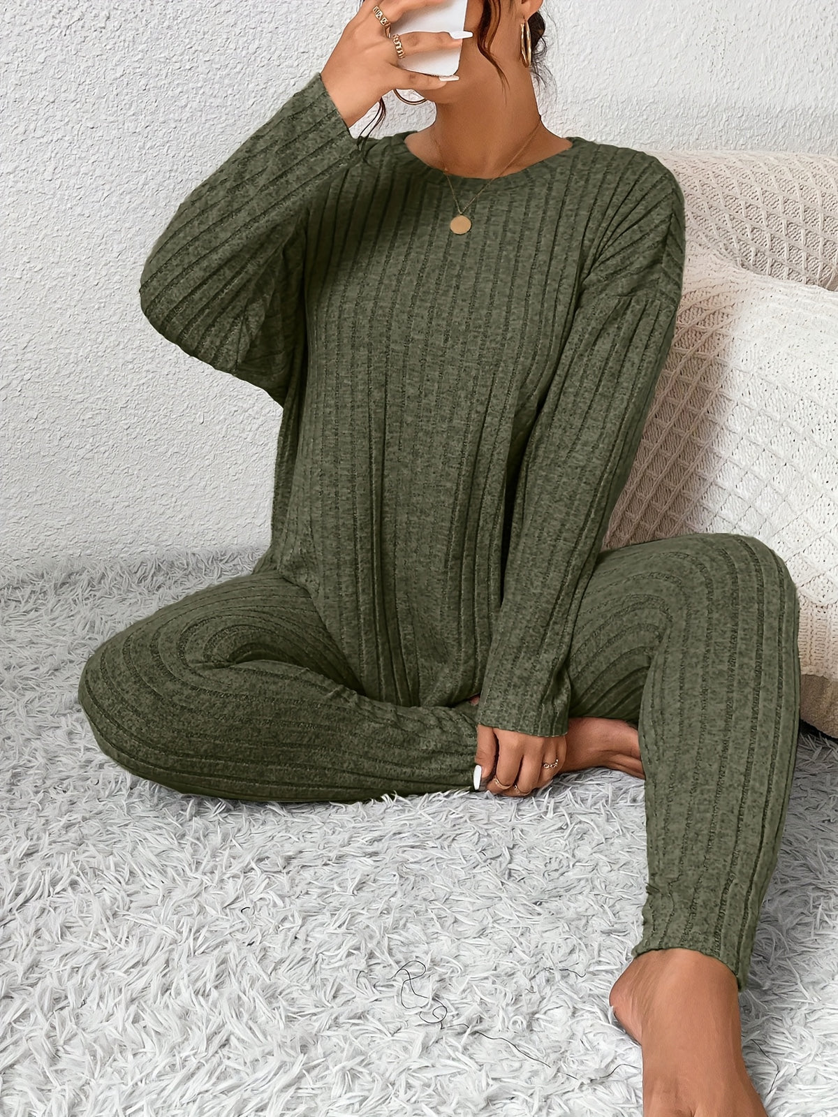 Women's Ribbed Two-Piece Set – Casual Soft 100% Polyester Crew Neck Long Sleeve Top & Pants Micro-Stretch Commuter Fashion Spring Fall Outfit