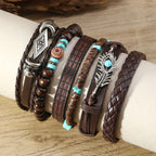 24pcs Boho Western Turquoise Bracelet Set – Multi-Layer Woven Feather, Wooden Bead & Alloy Charms, Retro Stackable Bracelets for Women, Party Favor & Gift for Her