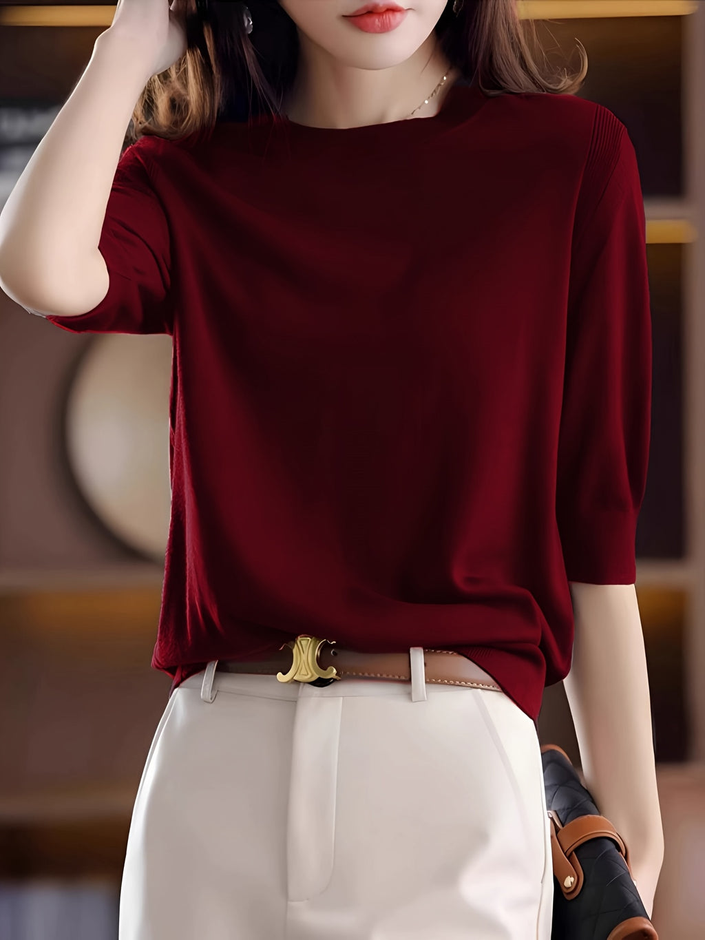 Women's Crew Neck 3/4 Sleeve Shirt Vintage Elegant Base Layer Top High Elasticity Smooth Solid Color Spring Autumn Casual Blouse Coffee Black Green Claret S M L XL XXL
