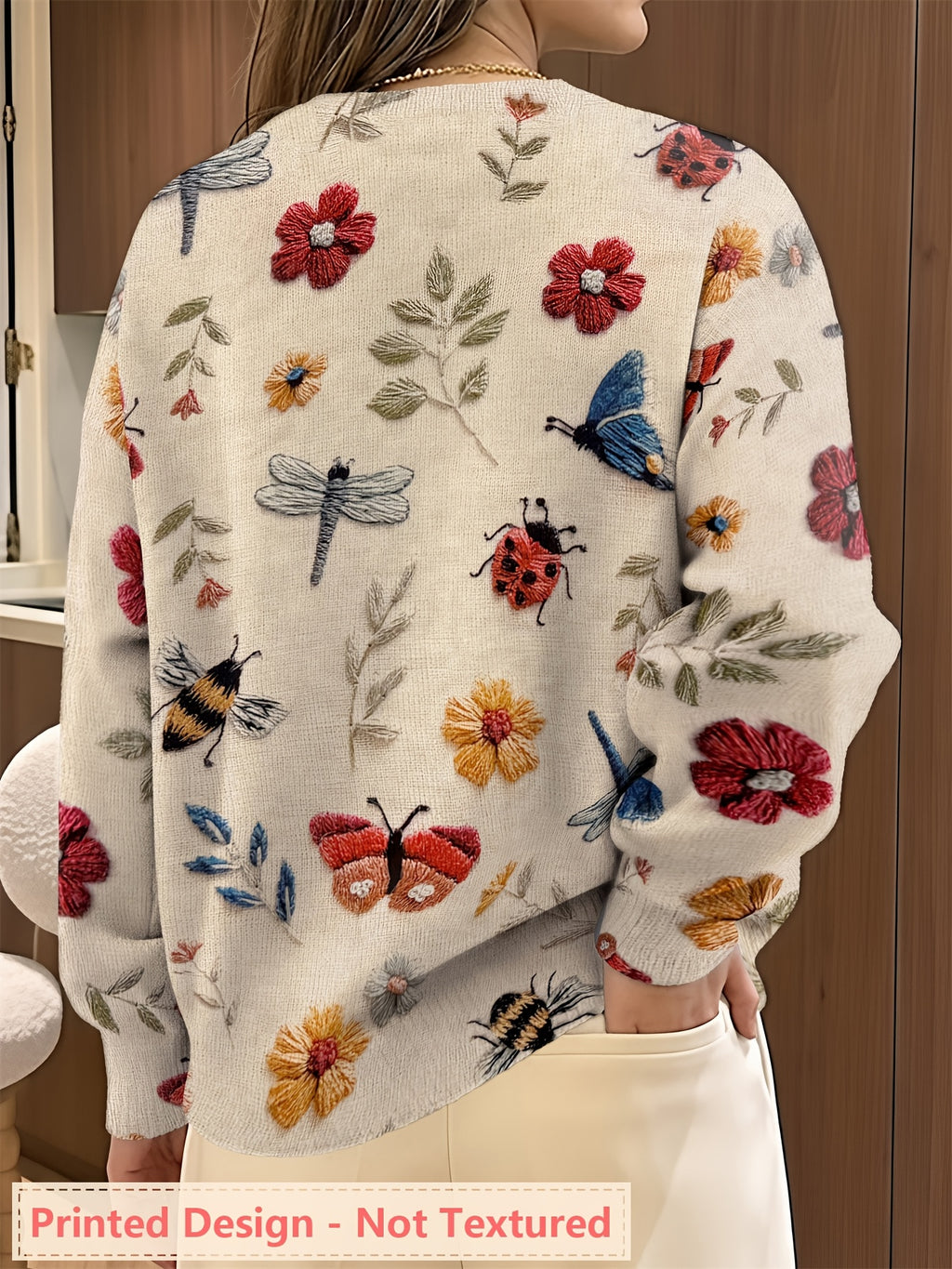 Women's Insect Floral Print Sweater Casual Long Sleeve Crew Neck Pullover Knit Top for Autumn Winter | Lightweight Soft Stretch All-Over Pattern