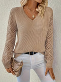 Women's Elegant V-Neck Hollow Knit Sweater – Long Sleeve Pullover Micro-Stretch Spring Fall Layering Lightweight Casual Chic Knitwear