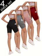Women's High-Waisted Yoga Shorts 4-Pack Butt-Lifting 5-Pocket – Mid-Stretch Breathable Seamless Workout Shorts for Summer Yoga, Pilates & Gym Training (Red, Black, Gray, Navy Blue)