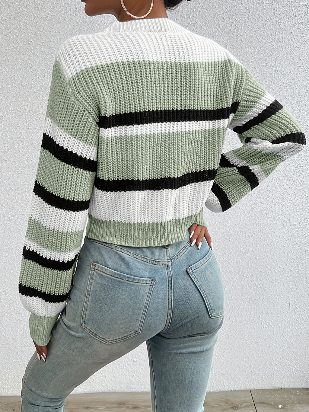 Striped Color Block Drop Shoulder Cropped Sweater Women Fall Winter Loose Fit Knit Pullover Round Neck Long Sleeve Top S-XL