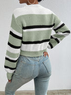 Striped Color Block Drop Shoulder Cropped Sweater Women Fall Winter Loose Fit Knit Pullover Round Neck Long Sleeve Top S-XL