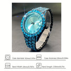 Rhinestone Couples Watch Set Luxury Quartz Movement Calendar Luminous Display for Men Women Red and Ice Blue Rhinestone Party Fashion Gift Watch