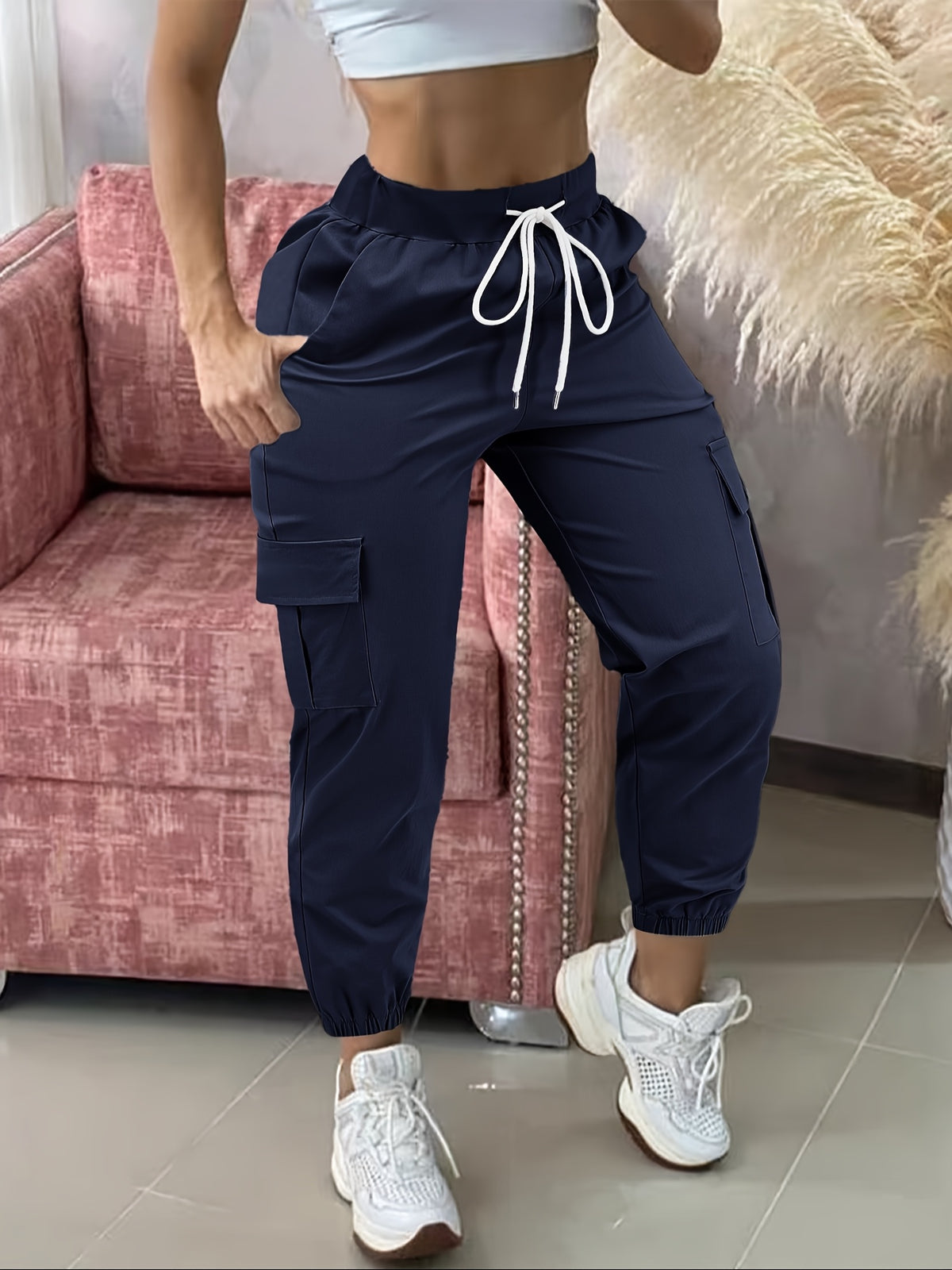 Cargo Pants Women Drawstring Waist Multiple Pockets Frayed Hem All-Season Comfort Fit Casual Wear - Black Khaki Olive Grey Navy Dark Gray S M L XL XXL Woven Stretch Fabric