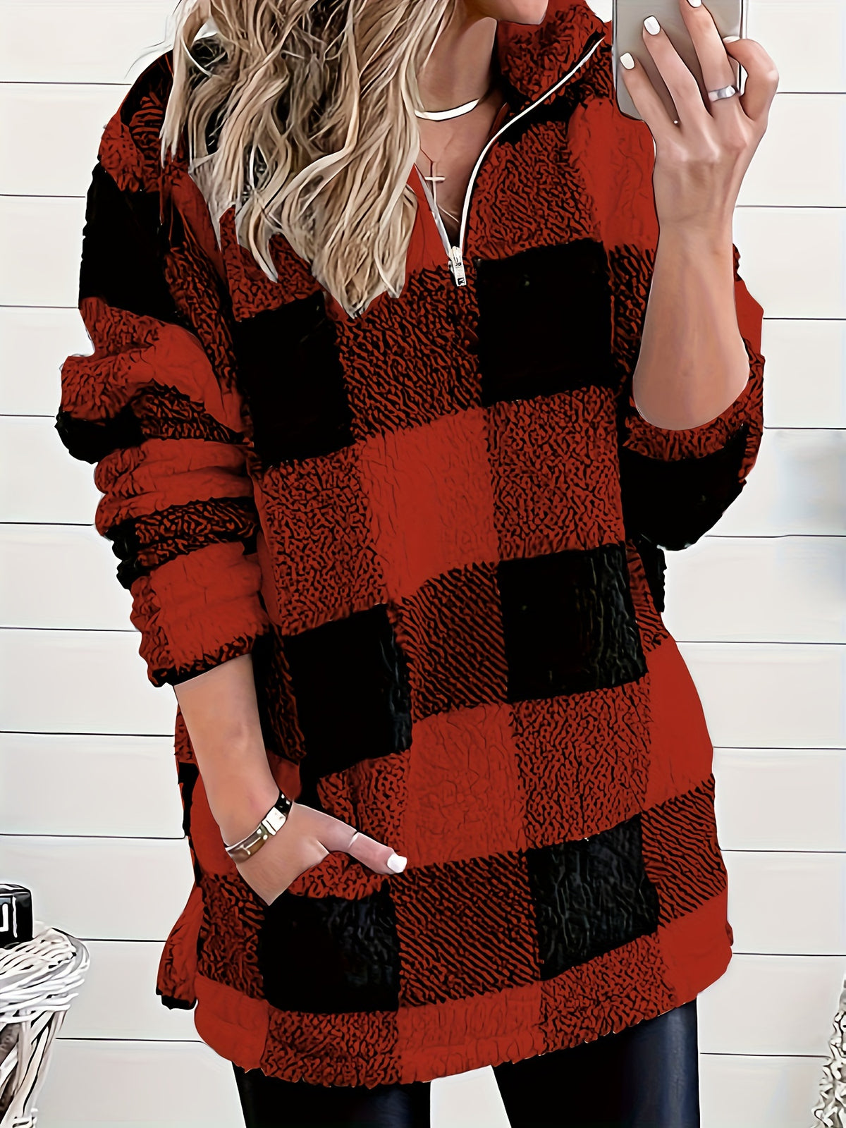 Geometric Pattern Fuzzy Sweatshirt Women High Neck Suede PU Casual Top – Knit Mid Elasticity Non-Sheer Pullover Mixed Colors Deep Red S-XXL