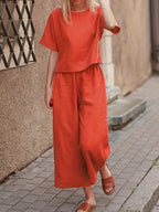 Women's 2 Piece Pantsuit Set Casual Elegant Solid Color Crew Neck Short Sleeve Top Wide Leg Pants All Season Wear Loose Fit Outfit S M L XL XXL