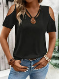 Women Off Shoulder Short Sleeve T-Shirt Solid Color Crew Neck Stretch Knit Spring Summer Casual Top Black White Burgundy Blue Olive Green Chocolate S M L XL XXL