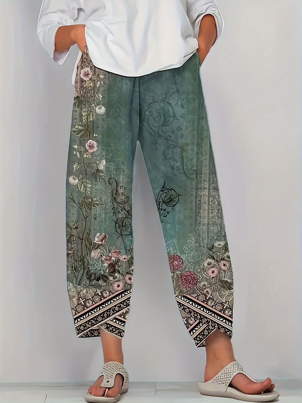 Vintage Floral Capri Pants with Elastic Waist & Pockets | Women's Retro Smocked Cropped Trousers | Casual Comfortable Boho Bottoms for Spring Summer Fall | S-XXL Multiple Colors