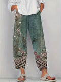Vintage Floral Capri Pants with Elastic Waist & Pockets | Women's Retro Smocked Cropped Trousers | Casual Comfortable Boho Bottoms for Spring Summer Fall | S-XXL Multiple Colors