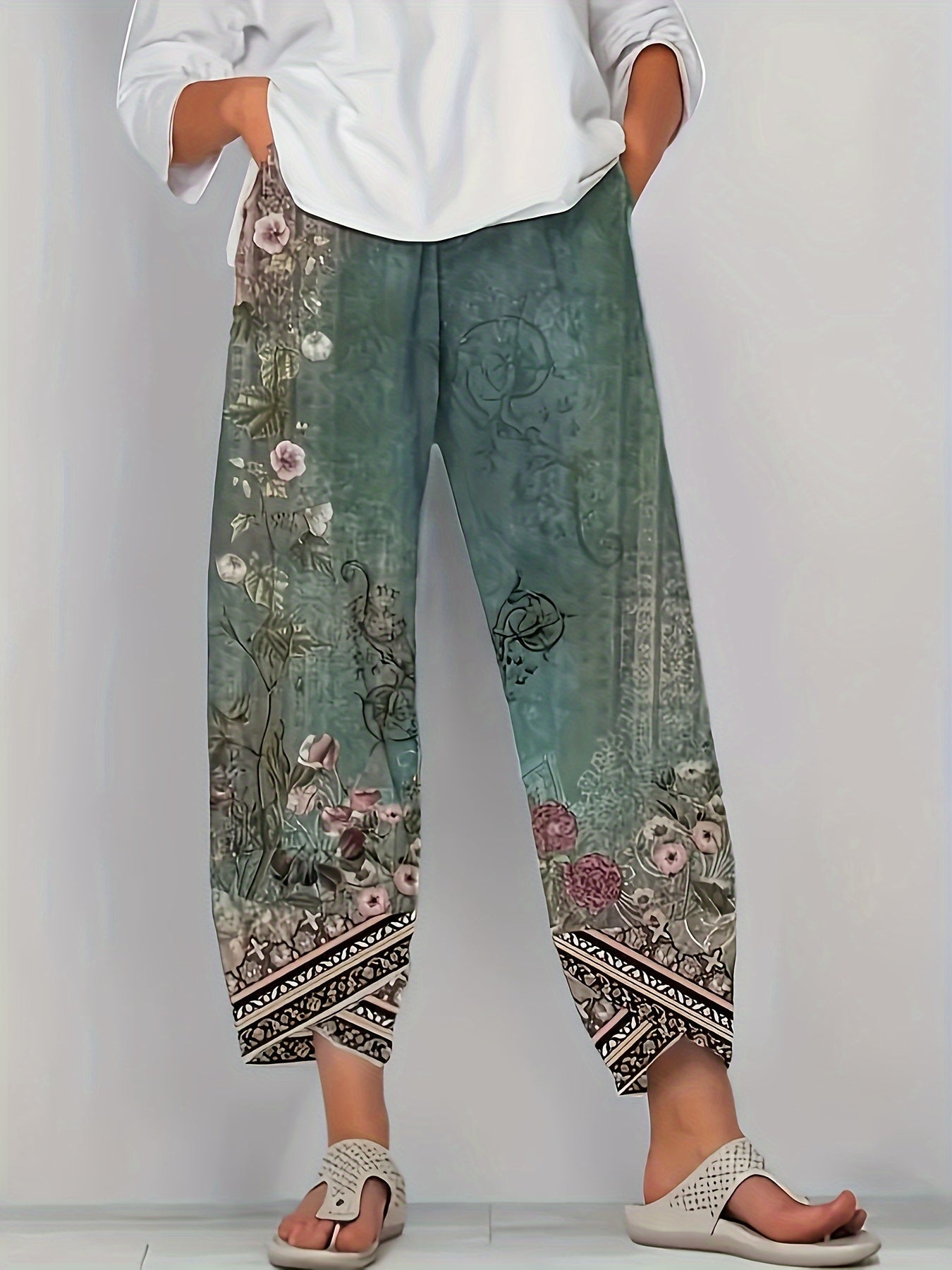 Vintage Floral Capri Pants with Elastic Waist & Pockets | Women's Retro Smocked Cropped Trousers | Casual Comfortable Boho Bottoms for Spring Summer Fall | S-XXL Multiple Colors